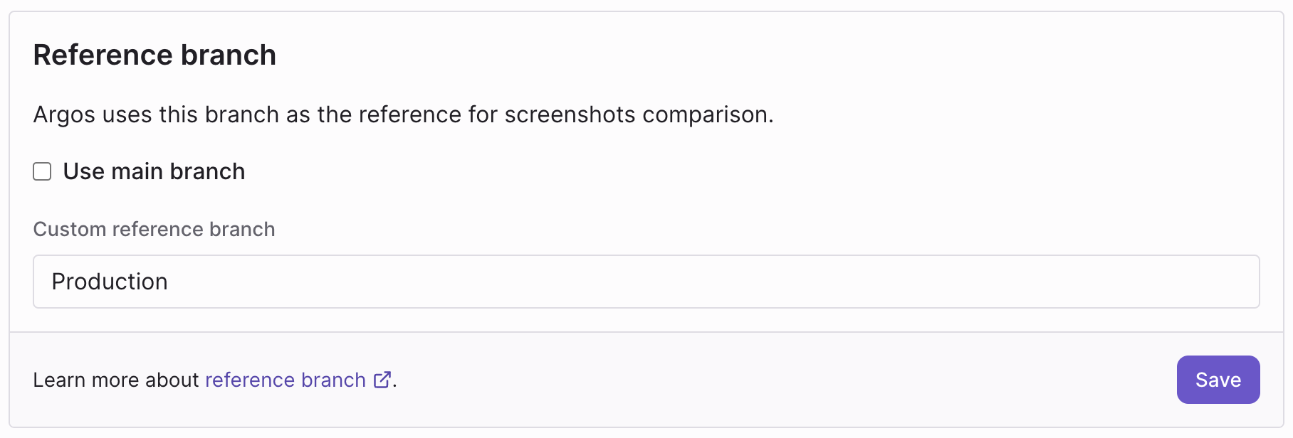 Screenshot showing how to configure &quot;Production&quot; as the reference branch in Argos project settings